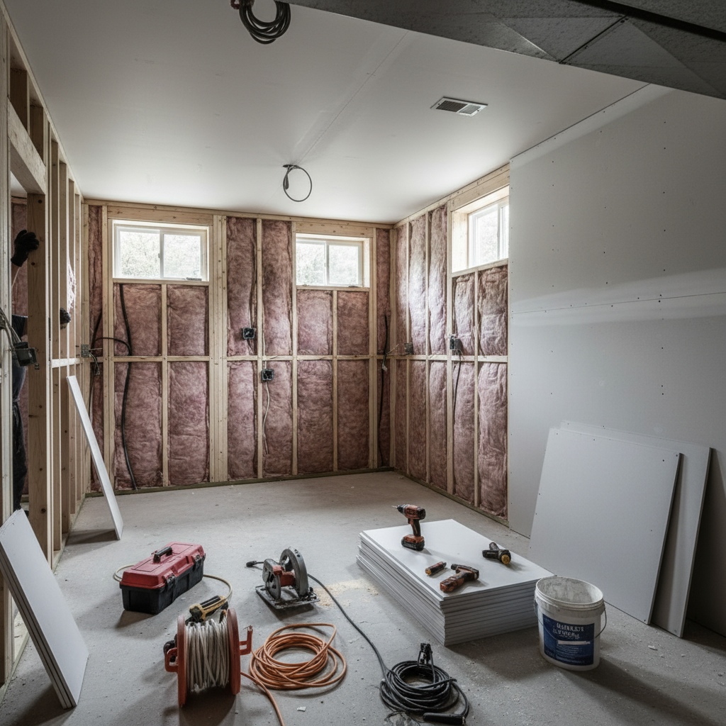 Finished basement with framed walls, recessed lighting and flooring