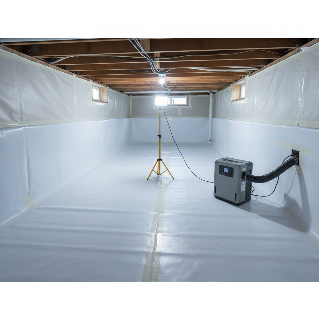 Encapsulated crawl space with vapor barrier and dehumidifier