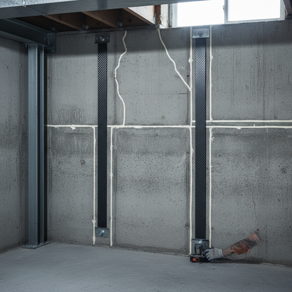 Foundation crack repair with carbon-fiber strap