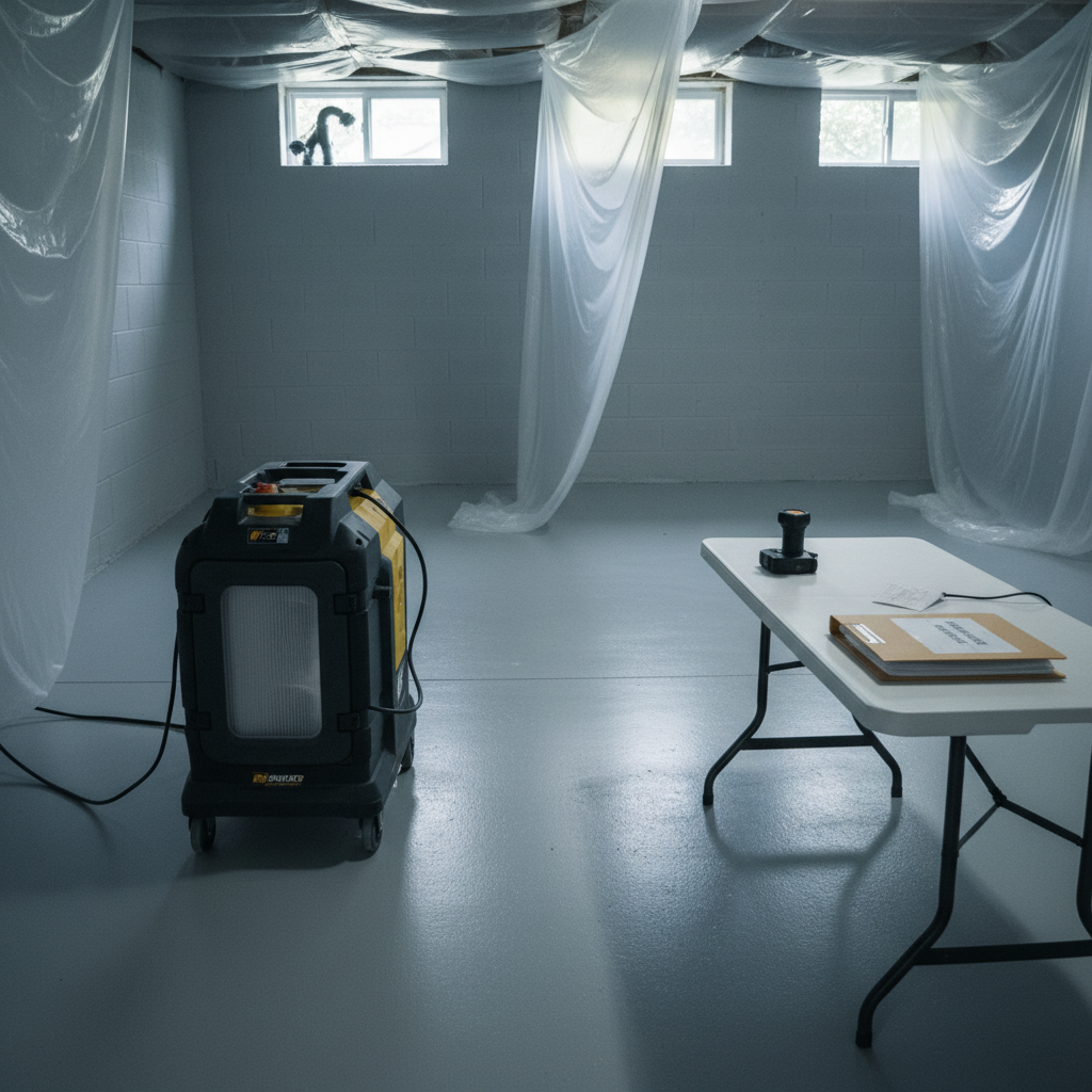 Containment barrier and HEPA air scrubber during mold remediation