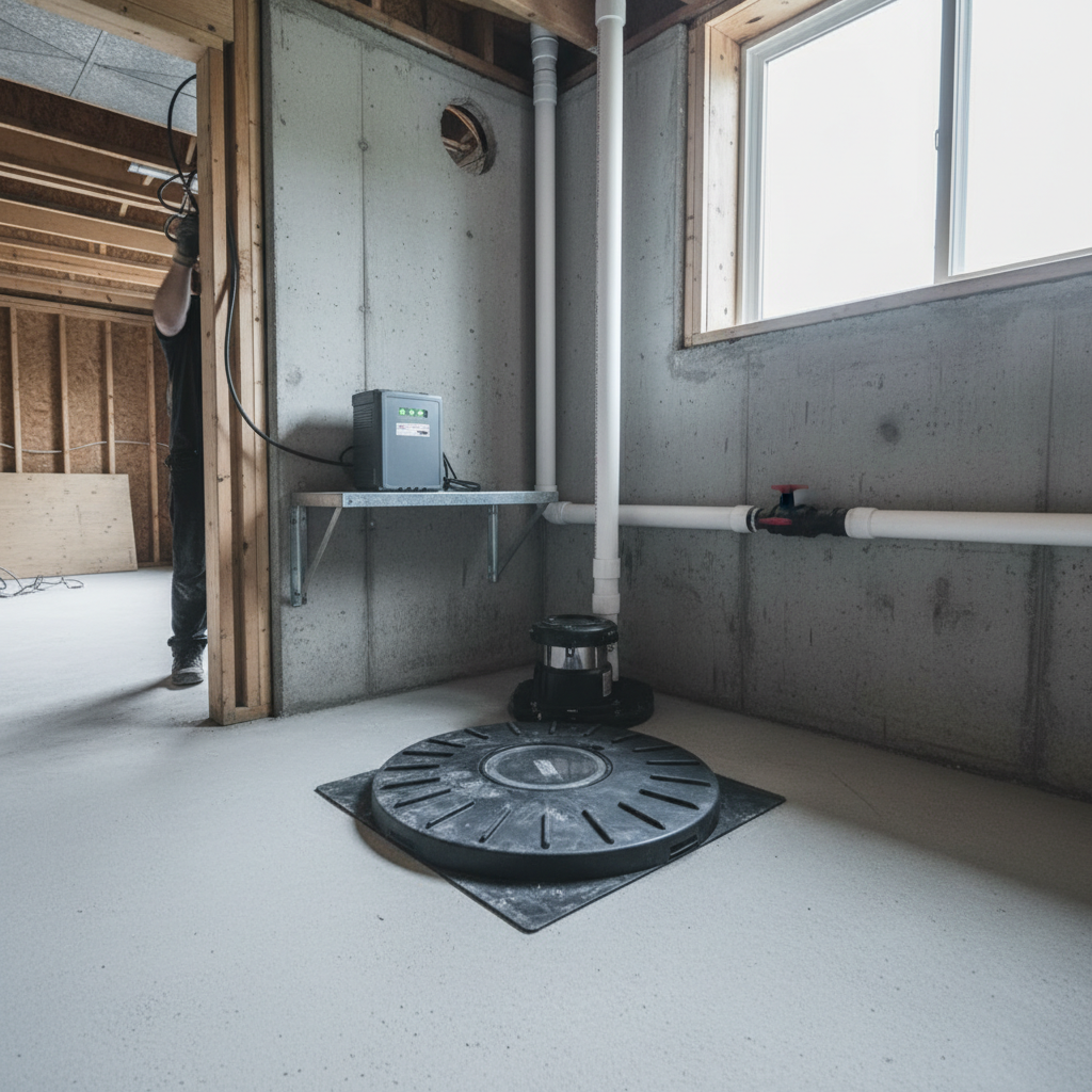 Primary and battery-backup sump pump installed in basin