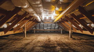 Unfinished crawl space with exposed wooden beams and a brick archway.