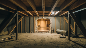 Insulated attic crawl space with sand-covered floor and exposed rafters.