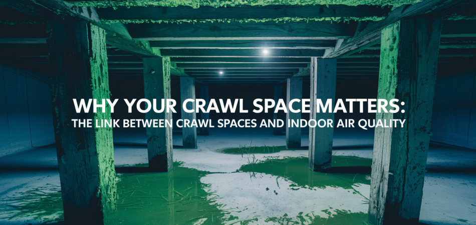 Crawl space with green mold and moisture on the floor under wooden supports.