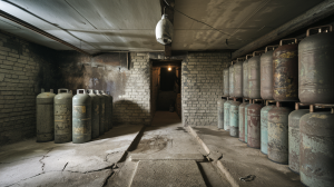 Old crawl space with gas cylinders and cracked concrete floor.
