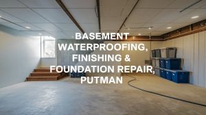image of a basement with overlay text "basement waterproofing, finishing and repair, Putnam"